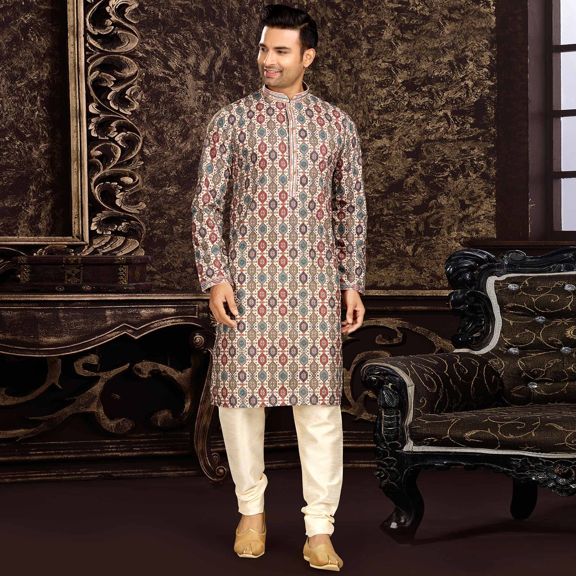 Multicolor Lucknowi And Digital Printed Cotton Kurta Pyjama Set