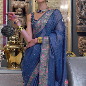 Blue Woven With Sequins Work Organza Saree