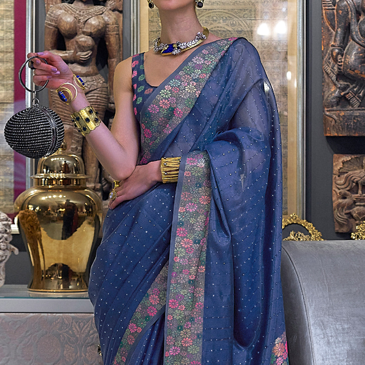 Blue Woven With Sequins Work Organza Saree