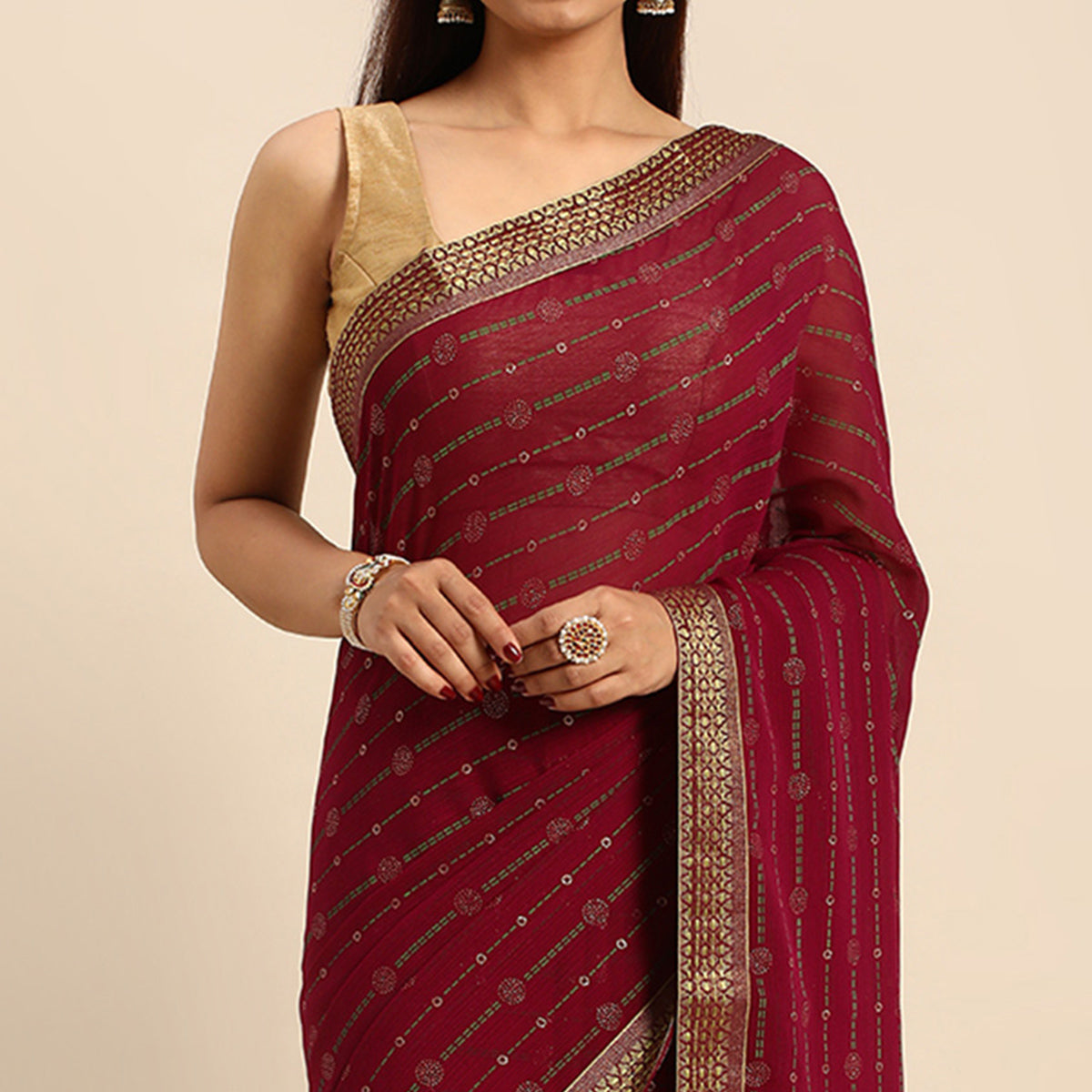 Maroon Foil Printed Zomato Saree