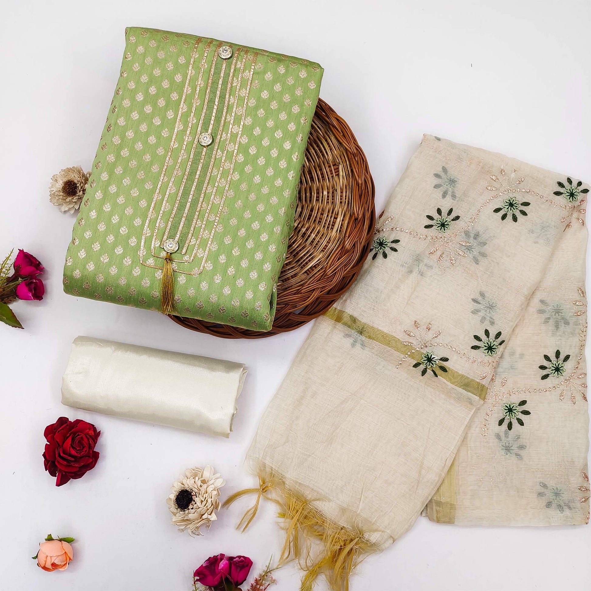 green-woven-chanderi-dress-material