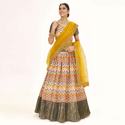 Multicolor Digital Printed With Zari Work Art Silk Lehenga Choli