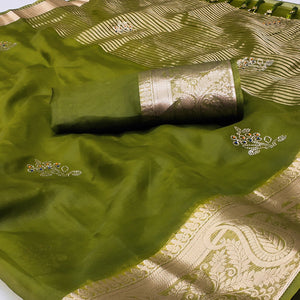 green-floral-foil-with-woven-border-organza-saree