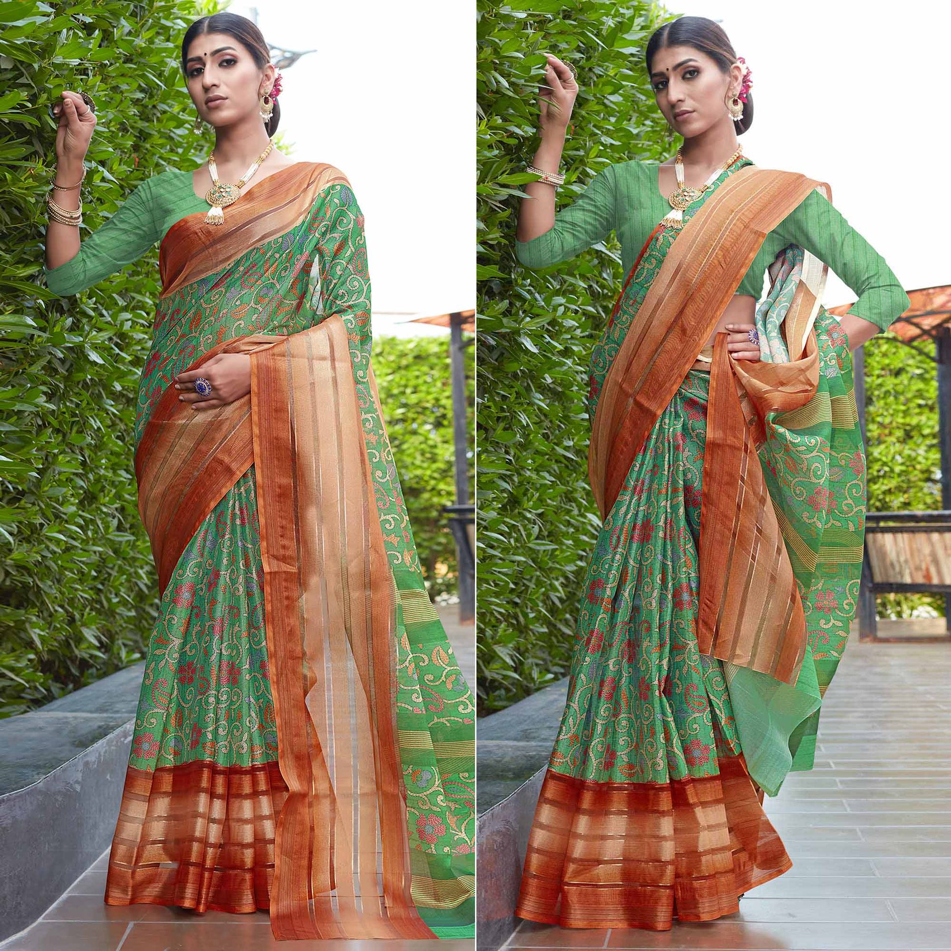 green-floral-digital-printed-poly-cotton-saree