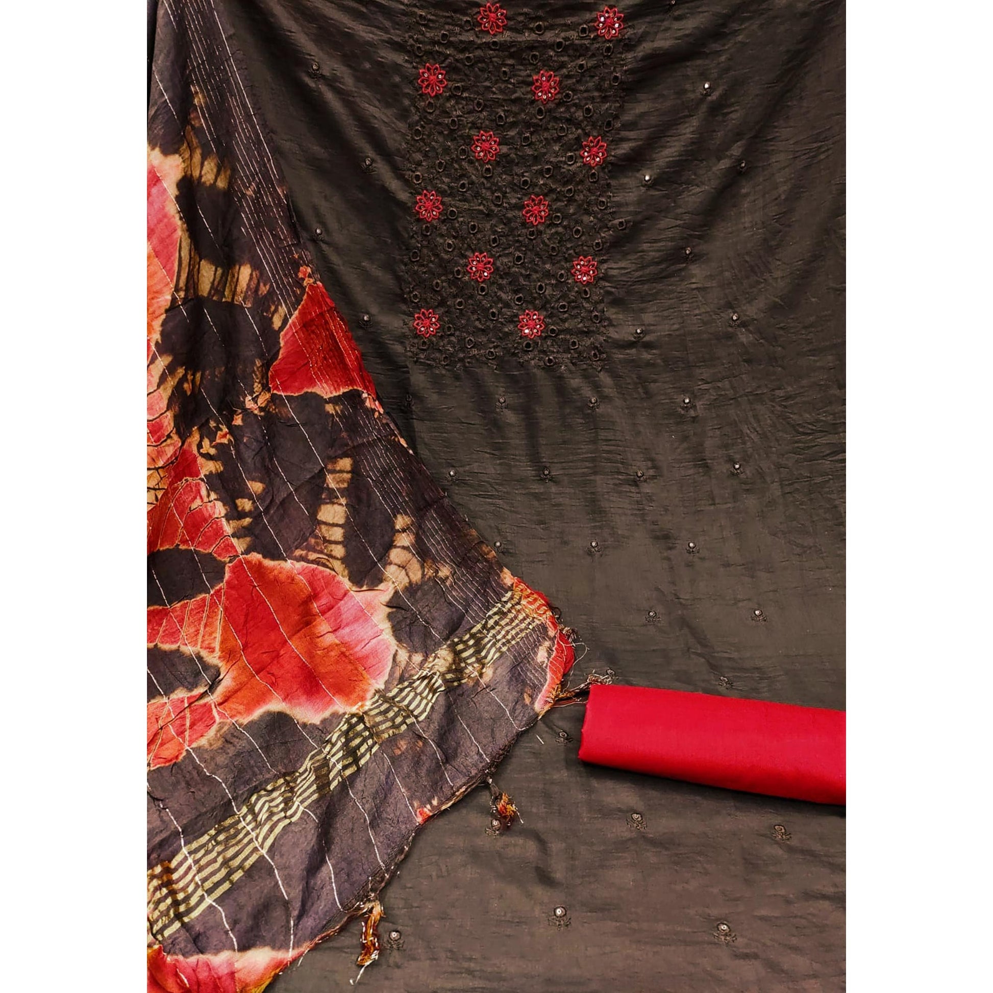 Dark Brown Embroidered Sequins Cotton Blend Dress Material