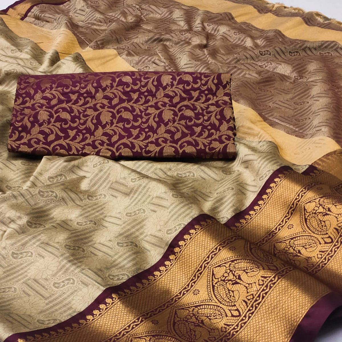Chikoo Woven Cotton Silk Saree With Tassels