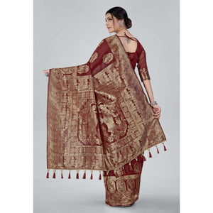 Maroon Woven Organza Saree With Tassels
