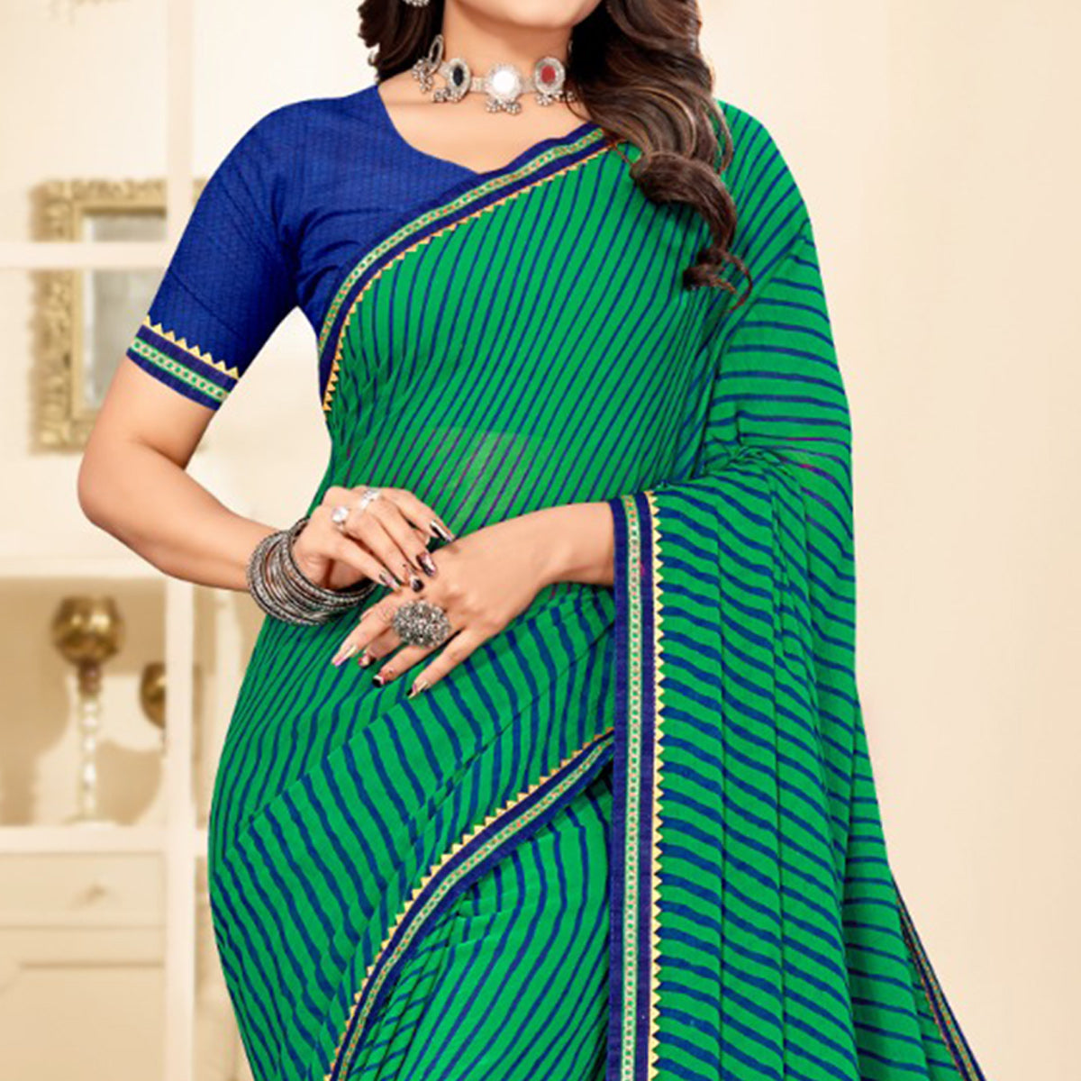 green-digital-striped-printed-chiffon-saree-with-tassels-1