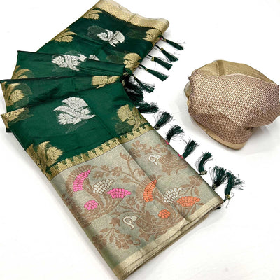 Bottle Green Floral Woven Organza Saree With Tassels