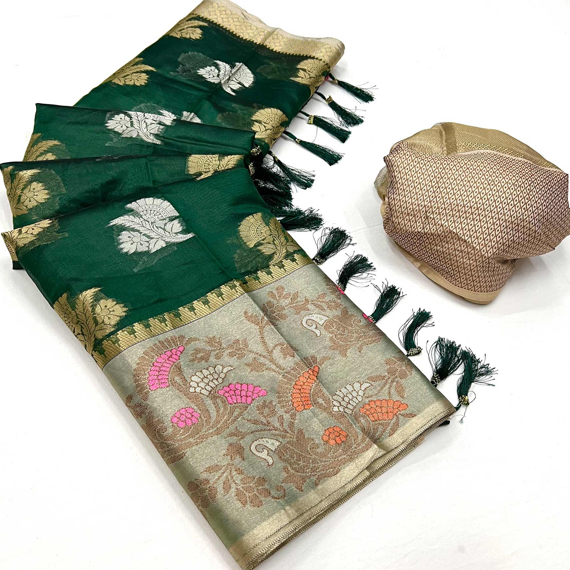 Bottle Green Floral Woven Organza Saree With Tassels