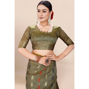 Mehendi Green Woven Organza Saree With Tassels