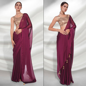 Dark Magenta Purple Solid Georgette Saree