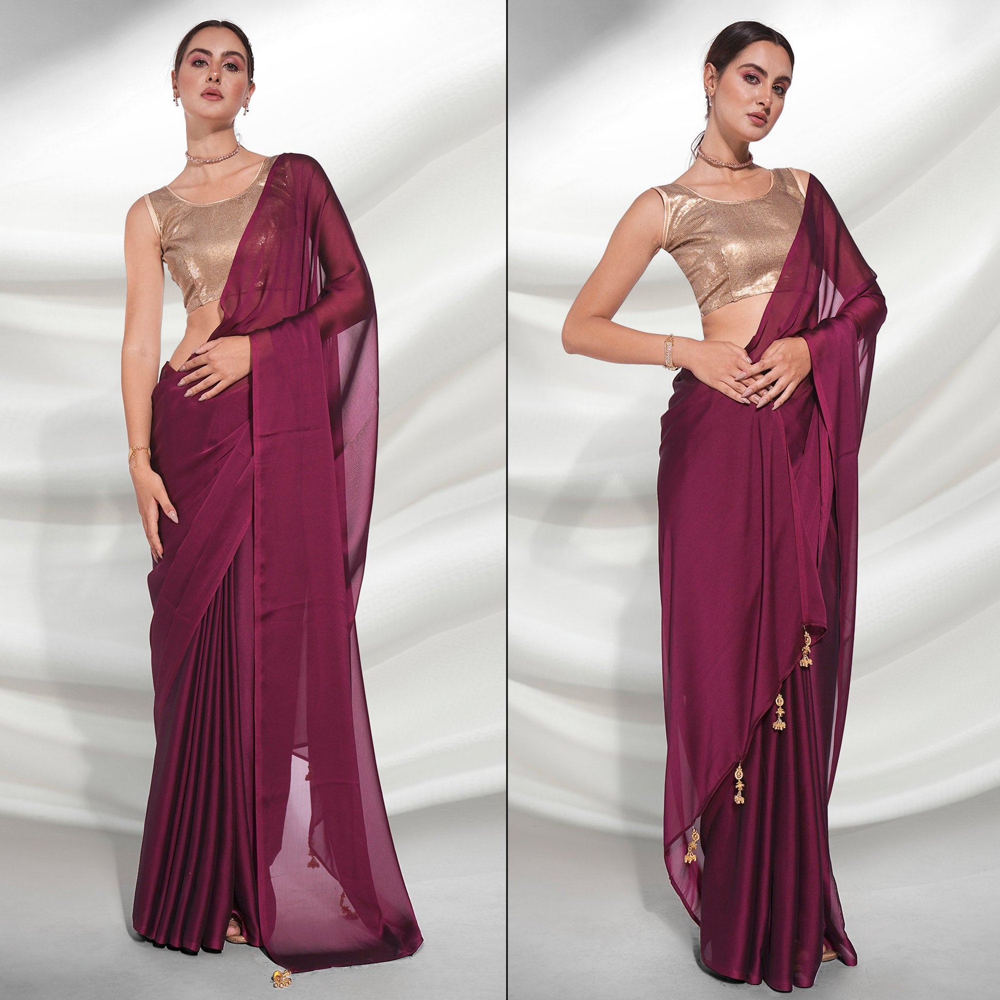 Dark Magenta Purple Solid Georgette Saree
