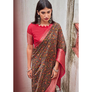 Brown Printed With Woven Border Raw Silk Saree