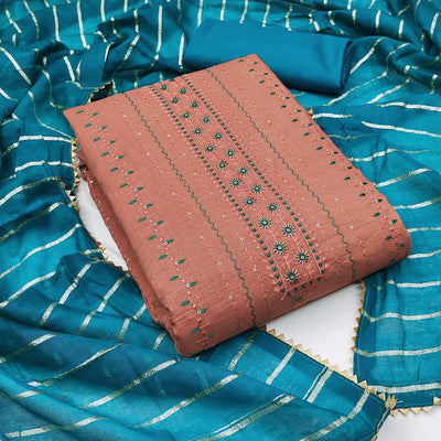 Copper Rust Sequins Embroidered Cotton Blend Dress Material
