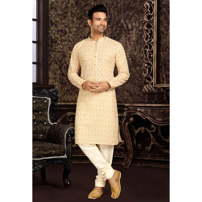 Light Yellow Lucknowi And Digital Printed Cotton Kurta Pyjama Set