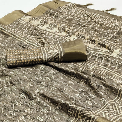 grey-floral-printed-matka-tussar-saree-with-tassels