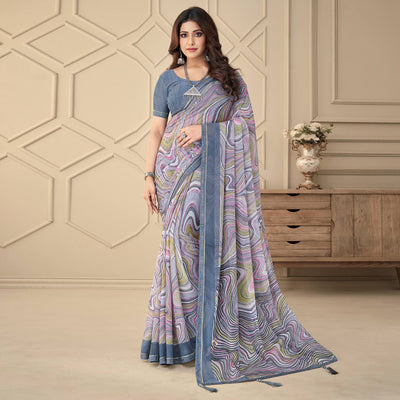 Grey Printed Chiffon Saree With Tassels