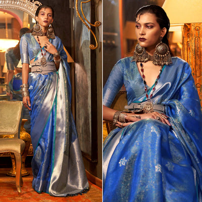 Light Blue Woven Organza Saree With Tassels