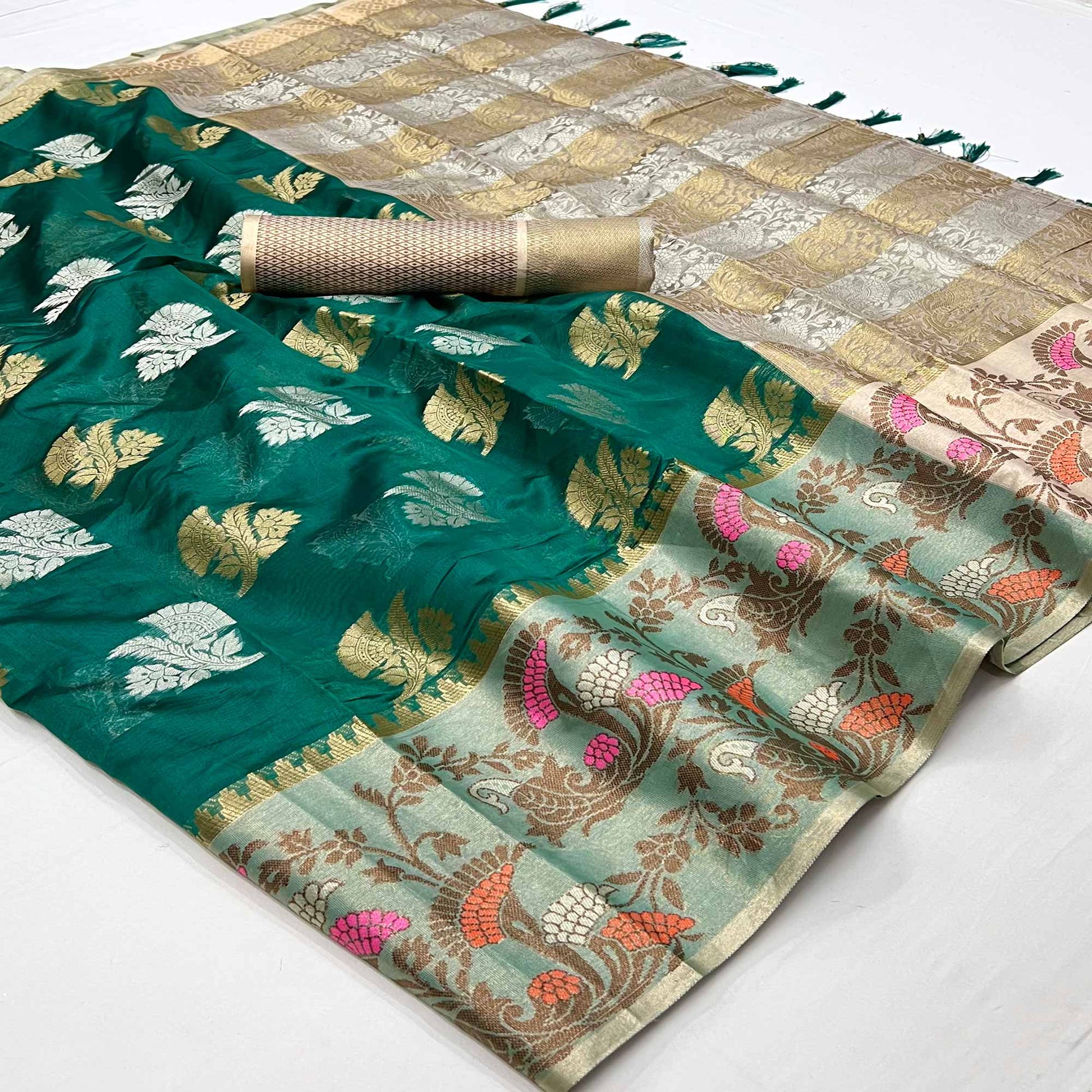 9green-floral-woven-organza-saree-with-tassels