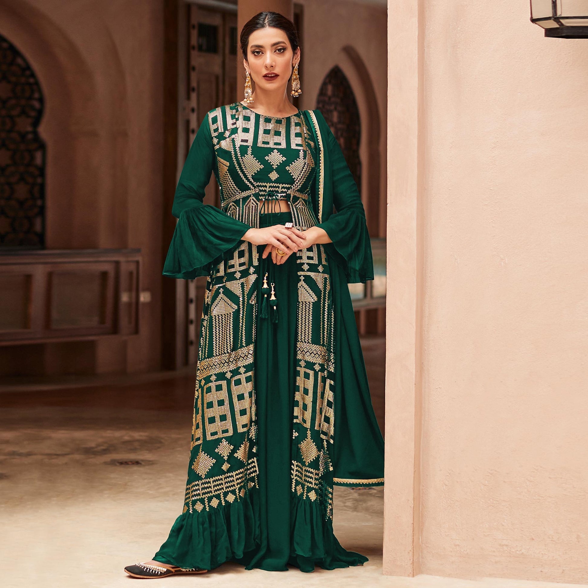 green-sequins-embroidered-georgette-sharara-choli-with-jacket