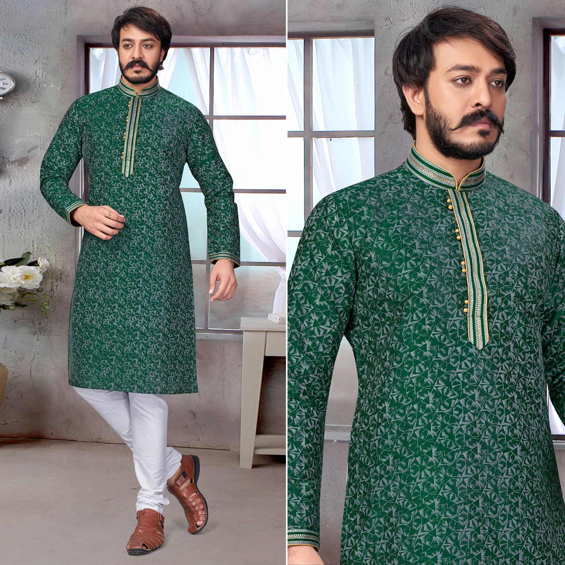 green-printed-jacquard-kurta-pyjama-set