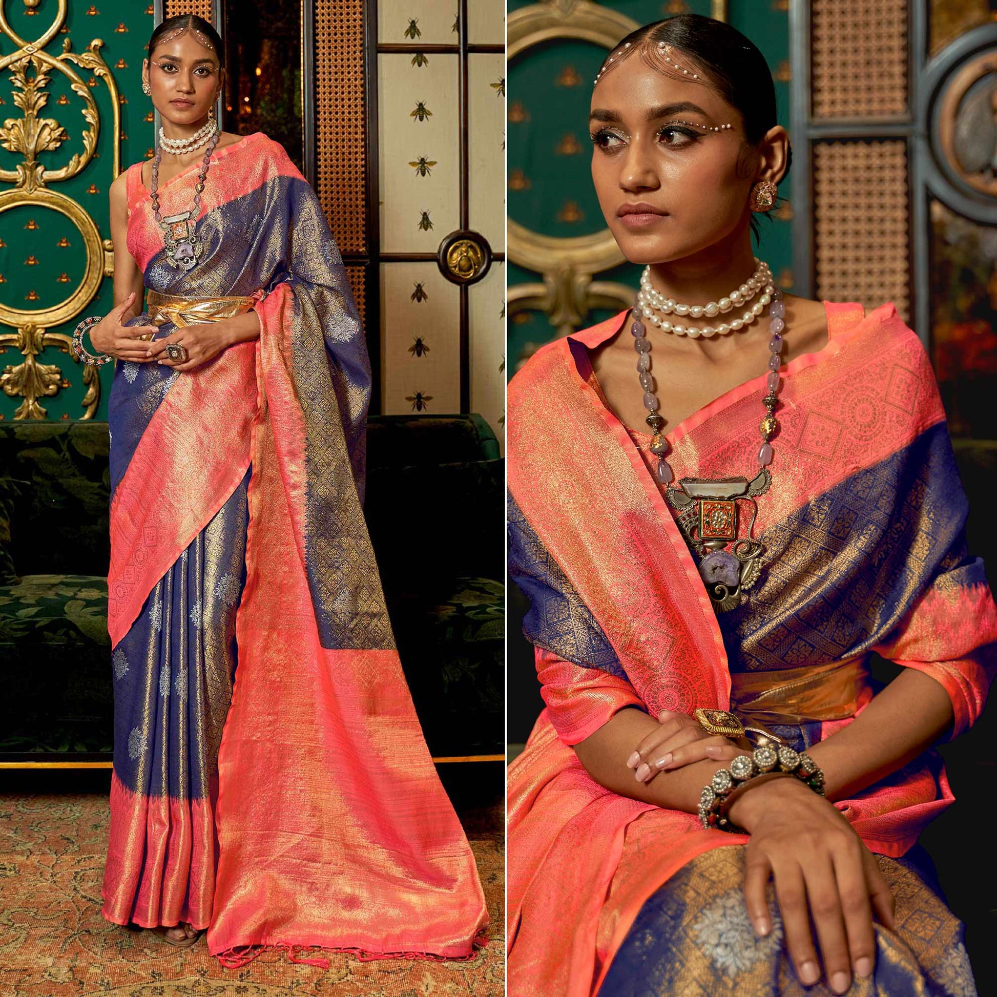 Blue Woven Art Silk Saree With Tassels