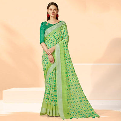 green-printed-cotton-silk-saree-with-tassels