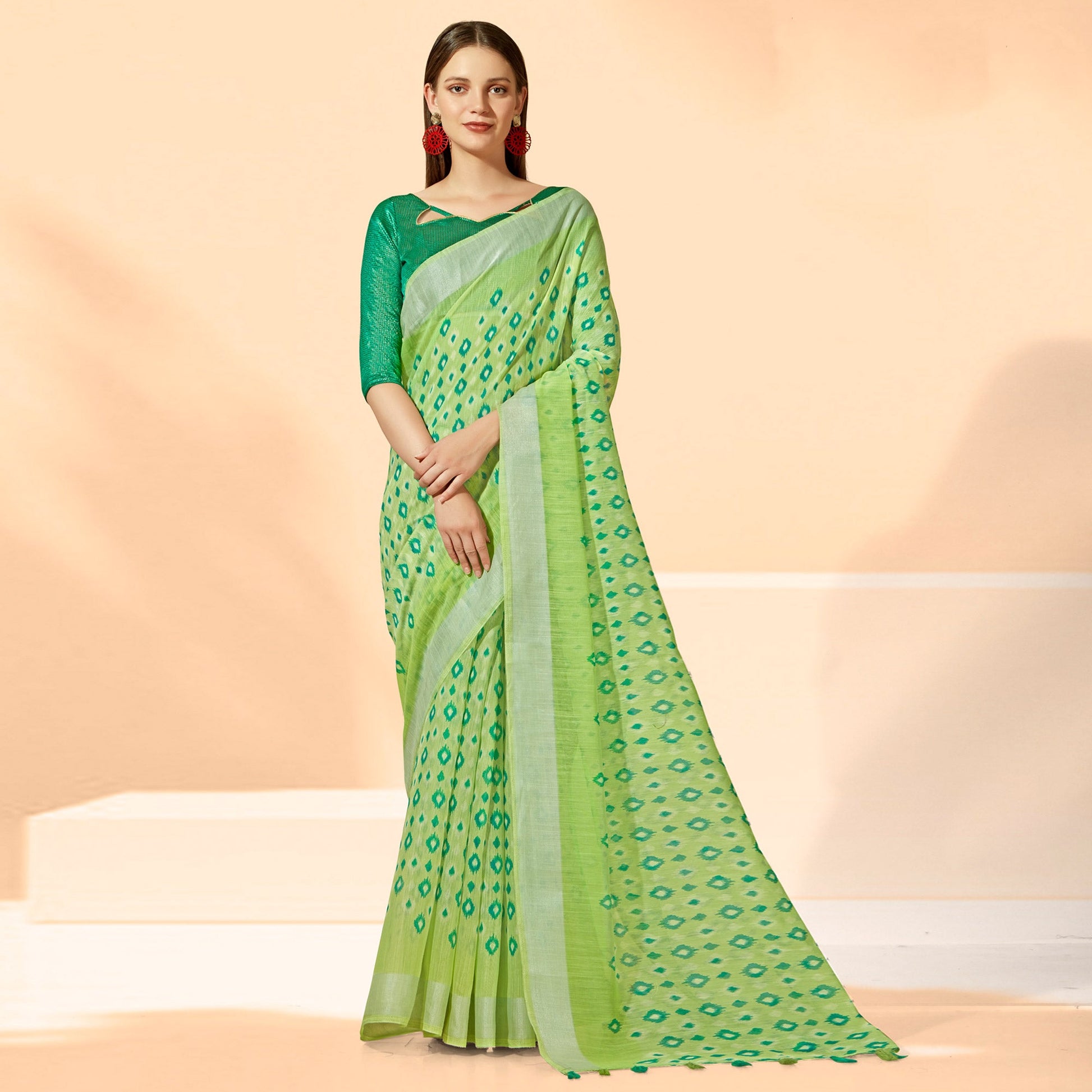 green-printed-cotton-silk-saree-with-tassels