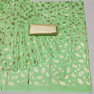 green-floral-foil-printed-georgette-saree