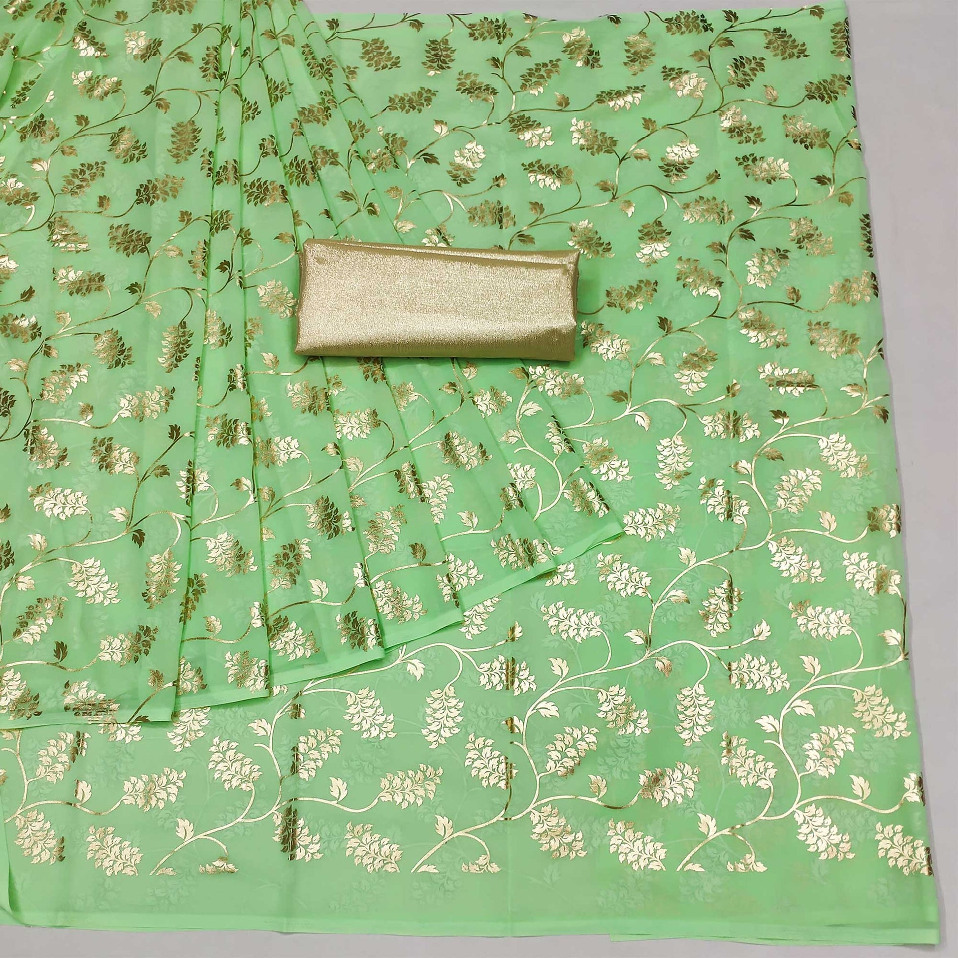 green-floral-foil-printed-georgette-saree