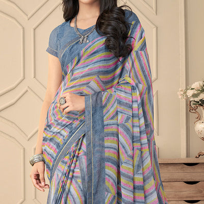 Grey Printed Chiffon Saree With Tassels