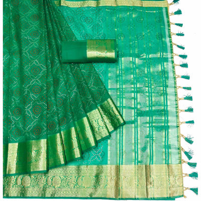 green-bandhani-printed-organza-saree-with-tassels