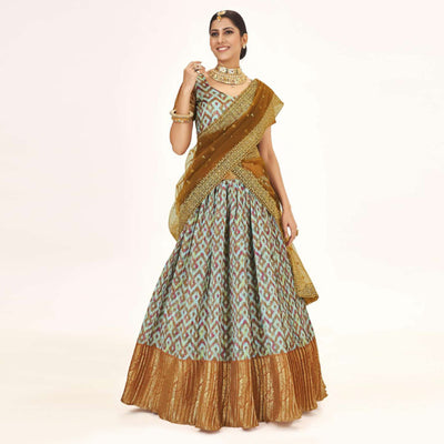 Light Blue Digital Printed With Zari Work Art Silk Lehenga Choli