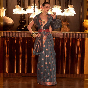 Grey Woven Linen Saree With Tassels