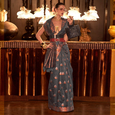 Grey Woven Linen Saree With Tassels