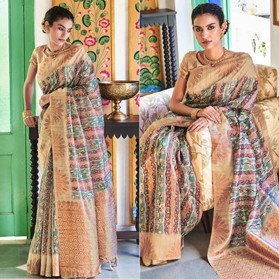 Multicolor Digital Printed Raw Silk Saree With Tassels