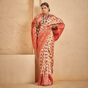 Cream Woven Patola Art Silk Saree With Tassels