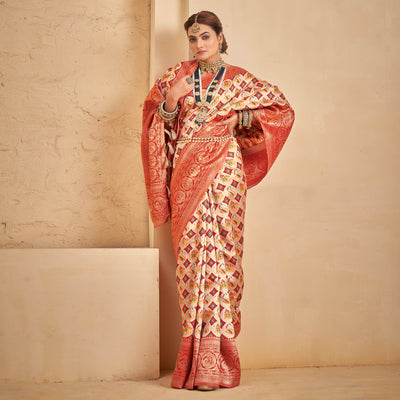 Cream Woven Patola Art Silk Saree With Tassels