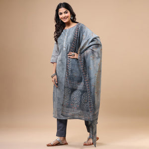 Grey Printed With Sequins Work Chanderi Salwar Suit