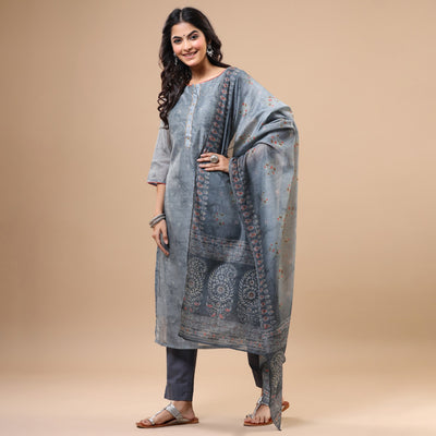 Grey Printed With Sequins Work Chanderi Salwar Suit