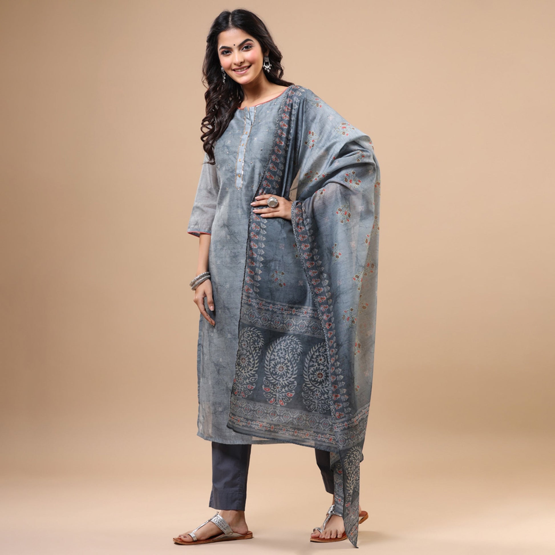 Grey Printed With Sequins Work Chanderi Salwar Suit
