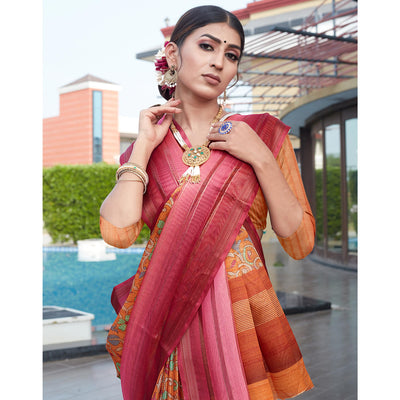 Brown Floral Digital Printed Cotton Blend Saree