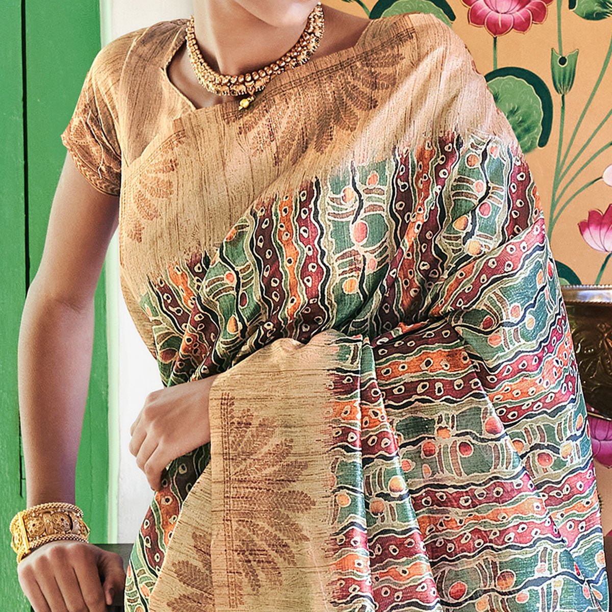 Multicolor Digital Printed Raw Silk Saree With Tassels