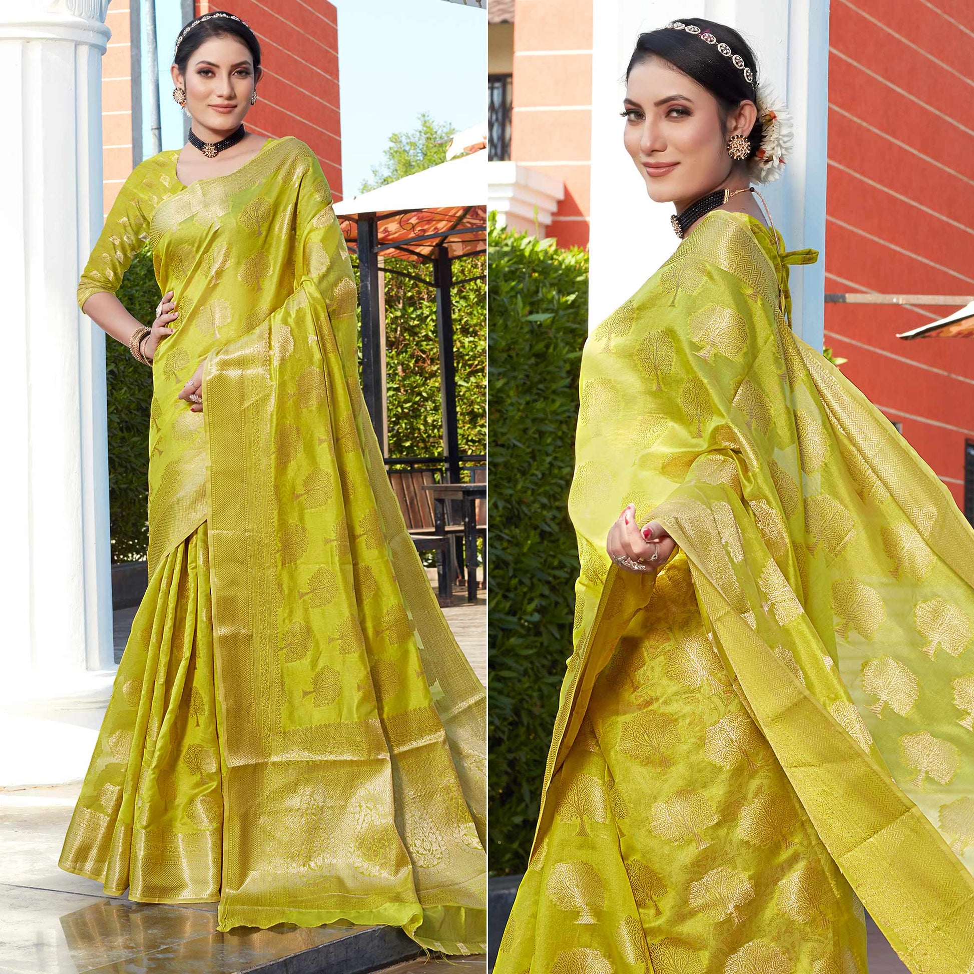 Lemon Green Woven Organza Saree