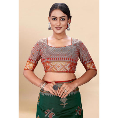 Dark Green Woven Patola Art Silk Saree With Tassels