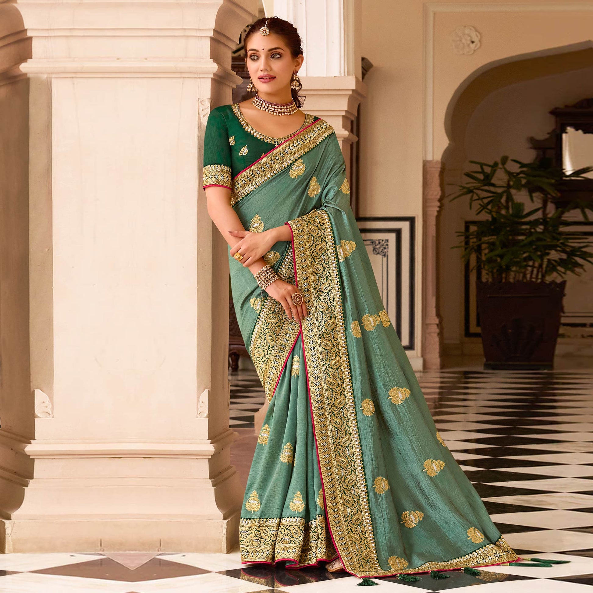1-green-embroidered-vichitra-silk-saree-with-with-tassels