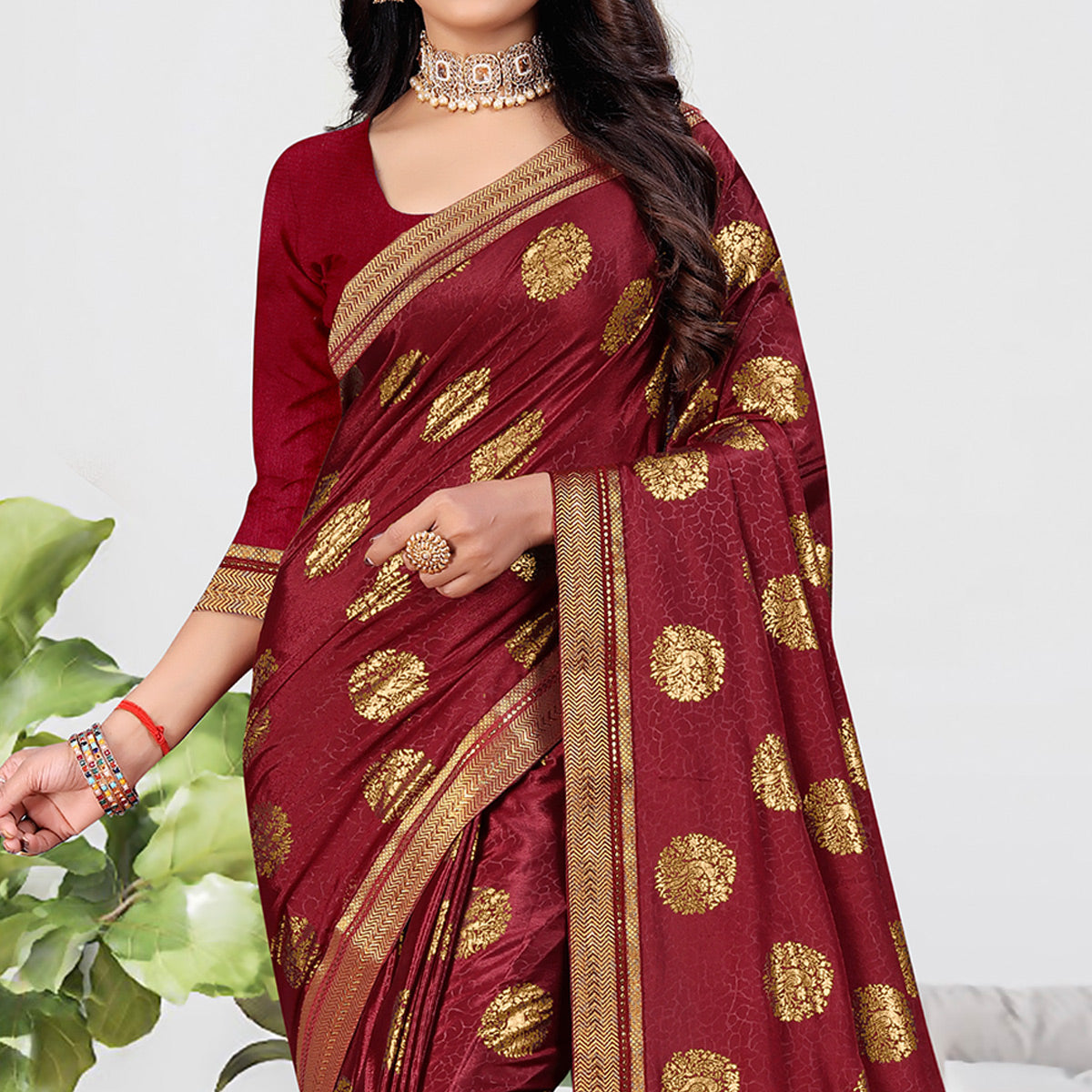 Maroon Foil Printed Chiffon Saree