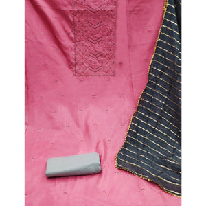 Gajari Pink Floral Sequins Embroidered Raw Silk Dress Material