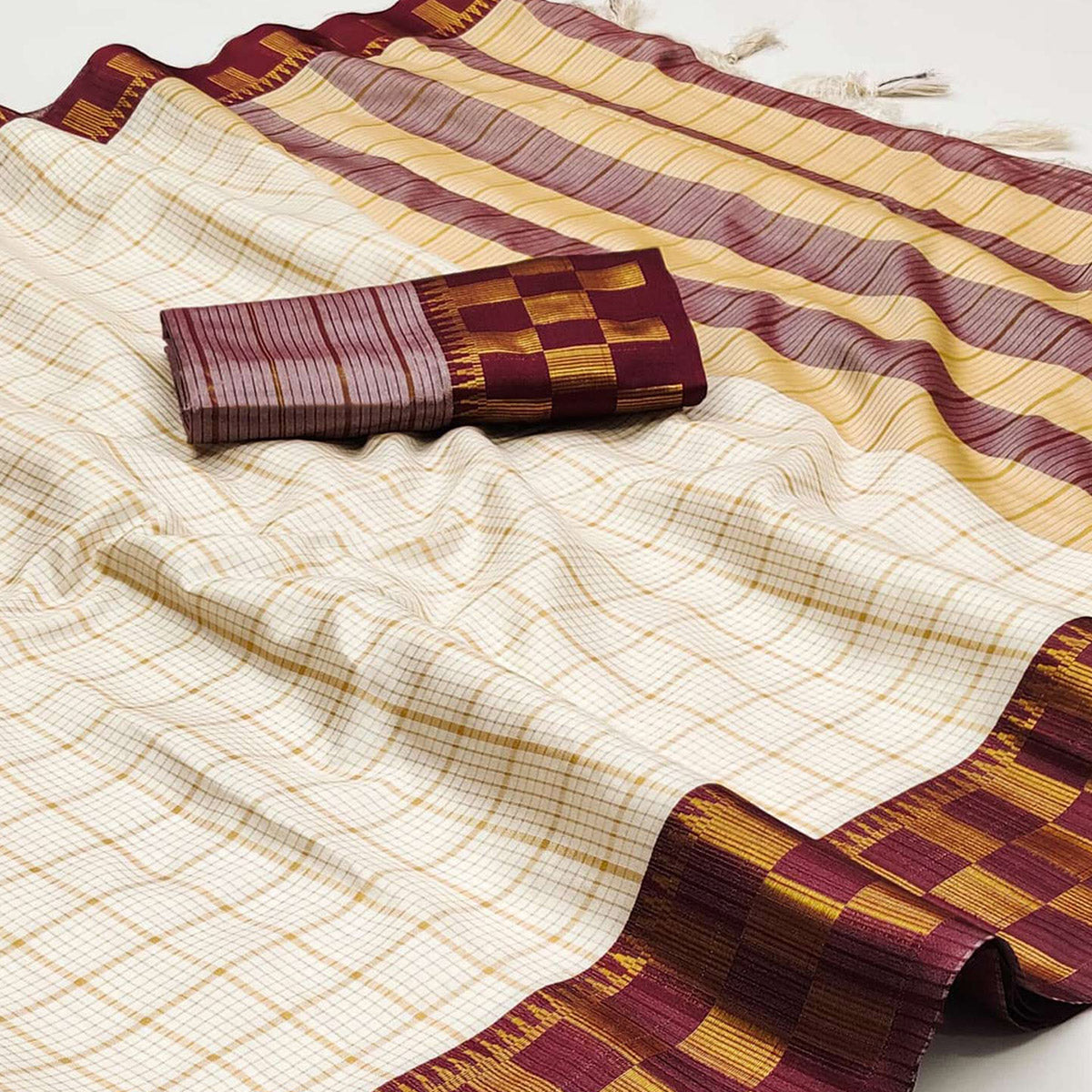 Cream & Wine Woven Cotton Silk Saree
